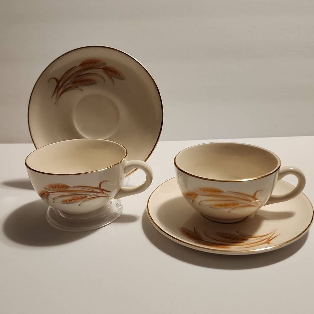 Homer Laughlin Golden Wheat Vintage 22k Set of 2 Each Cups and Saucers